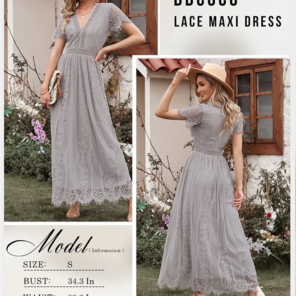 Women's V Neck Floral Lace Wedding Dress Short Sleeve Bridesmaid Maxi Dress